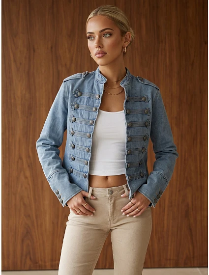 Kurtka damska jeansowa Napoleonka niebieska FashionStreet TY6045 Kurtka damska jeansowa Napoleonka niebieska FashionStreet TY6045