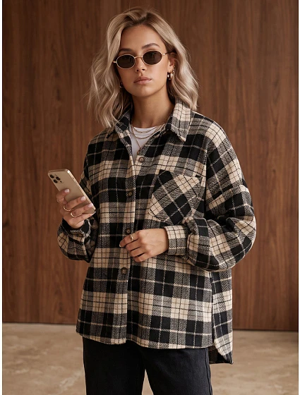 Kurtka damska koszulowa w kratę oversize granatowa FashionStreet TY6048 Kurtka damska koszulowa w kratę oversize granatowa FashionStreet TY6048