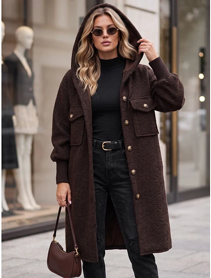 Płaszcz damski baranek długi z kapturem czekoladowy FashionStreet NY0797 Płaszcz damski baranek długi z kapturem czekoladowy FashionStreet NY0797