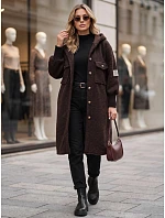 Płaszcz damski baranek długi z kapturem czekoladowy FashionStreet NY0797 Płaszcz damski baranek długi z kapturem czekoladowy FashionStreet NY0797