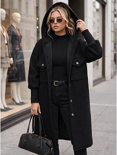 Płaszcz damski baranek długi z kapturem czarny FashionStreet NY0798