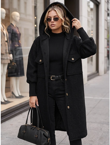 Płaszcz damski baranek długi z kapturem czarny FashionStreet NY0798 Płaszcz damski baranek długi z kapturem czarny FashionStreet NY0798