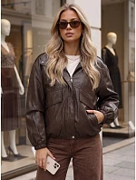 Dámská kožená bomber bunda na přechodné období, hnědá, FashionStreet TY6070 Dámská kožená bomber bunda na přechodné období, hnědá, FashionStreet TY6070