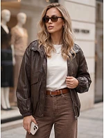Dámská kožená bomber bunda na přechodné období, hnědá, FashionStreet TY6070 Dámská kožená bomber bunda na přechodné období, hnědá, FashionStreet TY6070