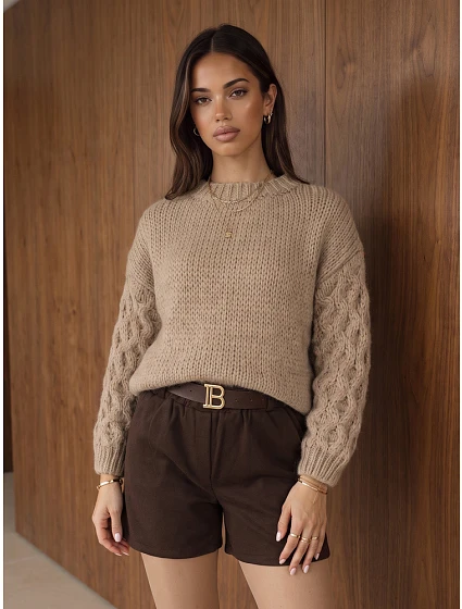 Dámský oversize svetr s copánkovým vzorem, tmavě béžový, FashionStreet MY2592