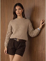 Dámský oversize svetr s copánkovým vzorem, tmavě béžový, FashionStreet MY2592