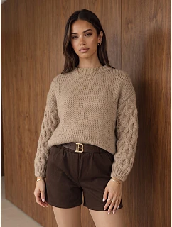 Dámský oversize svetr s copánkovým vzorem, tmavě béžový, FashionStreet MY2592