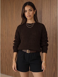 Dámský oversize svetr s copánkovým vzorem v čokoládové barvě FashionStreet MY2593