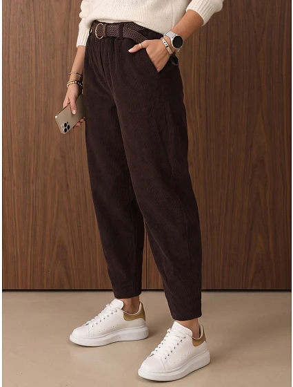 Dámské manšestrové kalhoty s elastickým pasem v čokoládové barvě FashionStreet UY3165