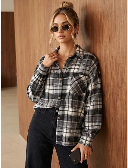 Dámská oversize flanelová košile s kostkovaným vzorem, černá, FashionStreet DY0500