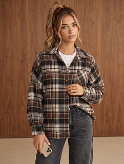 Dámská flanelová košile oversize s kostkovaným vzorem, hnědá, FashionStreet DY0501