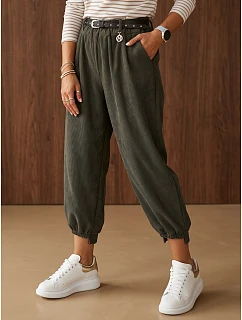 Dámské bavlněné manšestrové kalhoty s páskem, khaki, FashionStreet UY3172