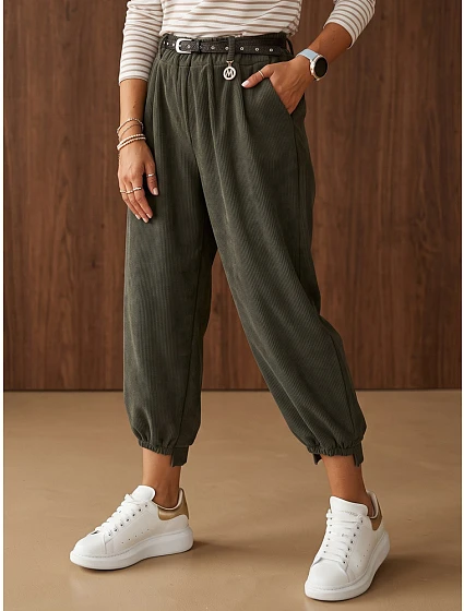 Dámské bavlněné manšestrové kalhoty s páskem, khaki, FashionStreet UY3172 Dámské bavlněné manšestrové kalhoty s páskem, khaki, FashionStreet UY3172