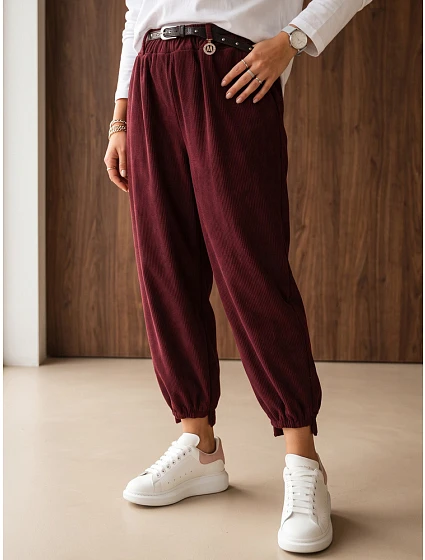 Dámské bavlněné manšestrové kalhoty s páskem, vínové, FashionStreet UY3173 Dámské bavlněné manšestrové kalhoty s páskem, vínové, FashionStreet UY3173