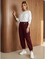 Dámské bavlněné manšestrové kalhoty s páskem, vínové, FashionStreet UY3173 Dámské bavlněné manšestrové kalhoty s páskem, vínové, FashionStreet UY3173