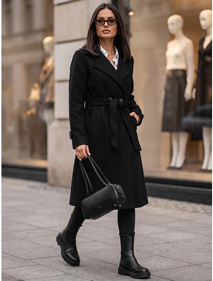 Dlhý dámsky dvojradový kabát s opaskom, čierny, FashionStreet NY0806