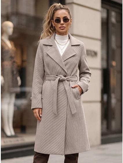 Dlhý dámsky dvojradový kabát s opaskom, hnedý, FashionStreet NY0807 Dlhý dámsky dvojradový kabát s opaskom, hnedý, FashionStreet NY0807