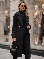 Dlhý dámsky kabát s viazaním v pase, čierny, FashionStreet NY0809