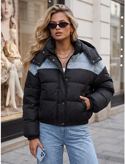 Dámská prošívaná péřová bunda s kapucí, černá, FashionStreet TY6087 Dámská prošívaná péřová bunda s kapucí, černá, FashionStreet TY6087