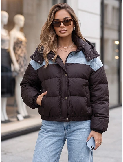 Dámská prošívaná péřová bunda s kapucí, hnědá, FashionStreet TY6087 Dámská prošívaná péřová bunda s kapucí, hnědá, FashionStreet TY6087