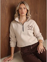 Bluza damska ocieplana ze stójką i haftem beżowa FashionStreet BY1574 Bluza damska ocieplana ze stójką i haftem beżowa FashionStreet BY1574