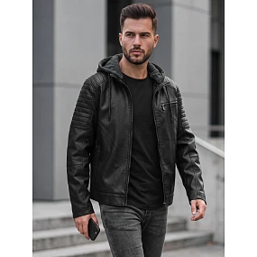 Kurtka męska skórzana ocieplana z kapturem czarna model 22542418 - FashionStreet Kurtka męska skórzana ocieplana z kapturem czarna model 22542418 - FashionStreet