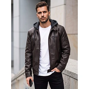 Kurtka męska skórzana ocieplana z kapturem brązowa model 22542424 - FashionStreet Kurtka męska skórzana ocieplana z kapturem brązowa model 22542424 - FashionStreet