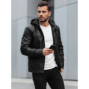 Kurtka męska skórzana ocieplana z kapturem czarna model 22542430 - FashionStreet Kurtka męska skórzana ocieplana z kapturem czarna model 22542430 - FashionStreet