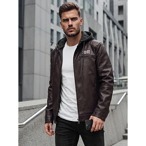 Kurtka męska z ekoskóry ocieplana z kapturem brązowa model 22542436 - FashionStreet Kurtka męska z ekoskóry ocieplana z kapturem brązowa model 22542436 - FashionStreet