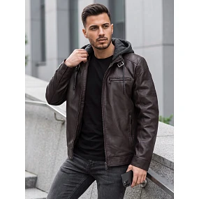 Kurtka męska skórzana ocieplana z kapturem brązowa model 22542448 - FashionStreet Kurtka męska skórzana ocieplana z kapturem brązowa model 22542448 - FashionStreet