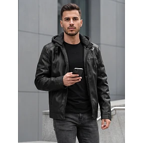 Kurtka męska skórzana ocieplana z kapturem czarna model 22542454 - FashionStreet Kurtka męska skórzana ocieplana z kapturem czarna model 22542454 - FashionStreet