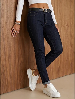 Jeansy damskie mom fit z wysokim stanem i paskiem granatowe UY3248