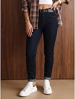 Jeansy damskie mom fit z wysokim stanem i paskiem granatowe UY3248 Jeansy damskie mom fit z wysokim stanem i paskiem granatowe UY3248