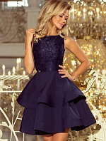 Tmavo modré dámske dvojito rozšírené šaty s čipkovou vrchnou časťou model 6408775