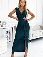 451-1 Trblietavé šaty s krátkymi rukávmi, výstrihom a rozparkom na nohách - BUTTER GREEN