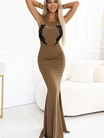 617-1 Dlhé šaty s čiernou čipkou a sieťovinou - MOCHA MOUSSE