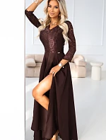 309-14 AMBER elegantné dlhé čipkované šaty s výstrihom - čokoládové