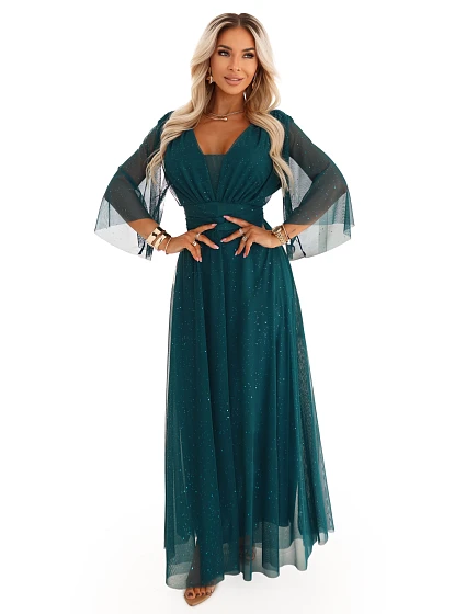 Dlouhé lesklé plus size šaty s výstřihem a rukávy lahvově zelené model 21808977 - numoco basic Dlouhé lesklé plus size šaty s výstřihem a rukávy lahvově zelené model 21808977 - numoco basic