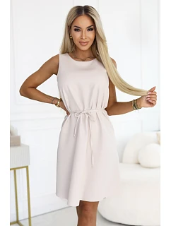 296-17 VICTORIA Trapézové šaty bez rukávov s opaskom - béžové