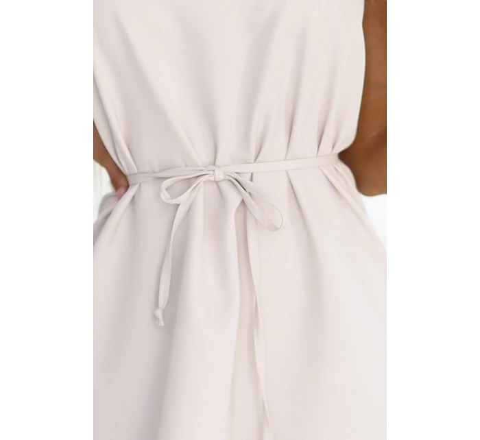 296-17 VICTORIA Trapézové šaty bez rukávov s opaskom - béžové 296-17 VICTORIA Trapézové šaty bez rukávov s opaskom - béžové