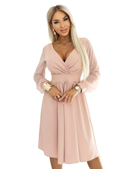 rozšířené midi šaty s rukávy béžové model 22152054 - numoco