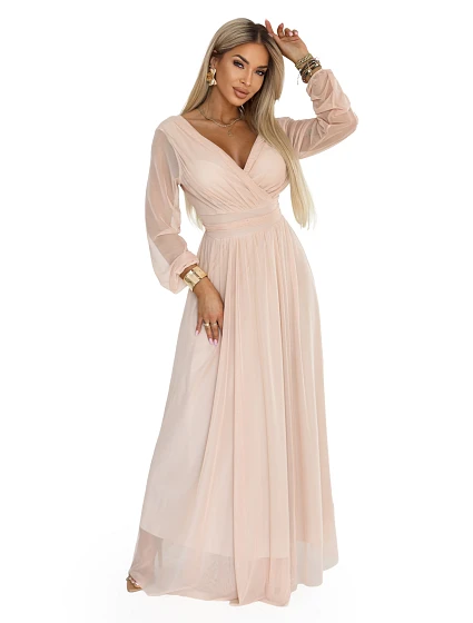 Dlouhé maxi šaty s rukávy a obálkovým výstřihem broskvová barva model 22175035 - numoco basic Dlouhé maxi šaty s rukávy a obálkovým výstřihem broskvová barva model 22175035 - numoco basic