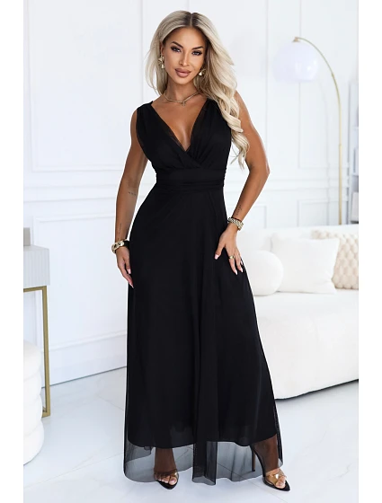 687-1 Elegantní maxi šaty s výstřihem do V a odhalenými zády – černé