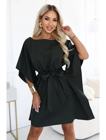 287-46 SOFIA Dámské šaty typu „motýl“ s vázáním v pase – tmavě khaki