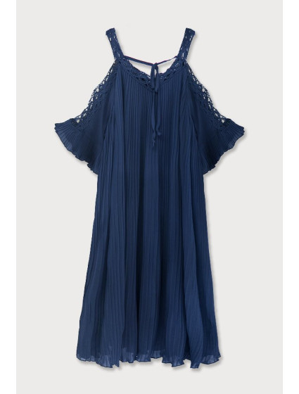 Tmavo modré plisované šaty s vykrojenými ramenami (342ART)