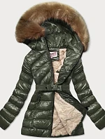 Lesklá khaki zimná bunda s medvedíkom (w674)