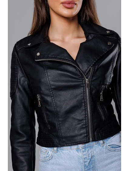 Krátká černá bunda ramoneska z ekologické kůže model 18117126 - J.STYLE
