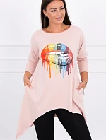 Oversize blúzka s potlačou dúhových pier tmavo púdrovo ružová