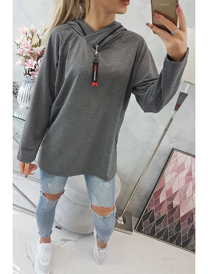 Oversize tunika s kapucí na zip v grafitové barvě