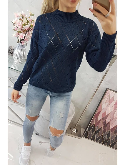 Svetr s polovičním rolákem a model 18745516 vzorem tmavě modrý - K-Fashion
